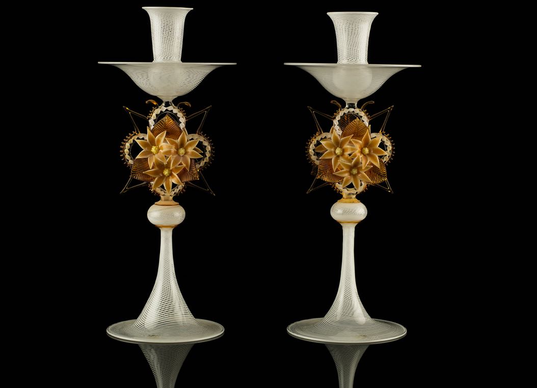 Coppia candelieri Filigrana con fiori ambra